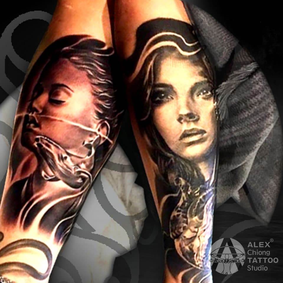 Black and grey realism tattoo sleeves by Alex Chiong Tattoo Studio in North Miami featuring detailed female portraits and smooth shading.