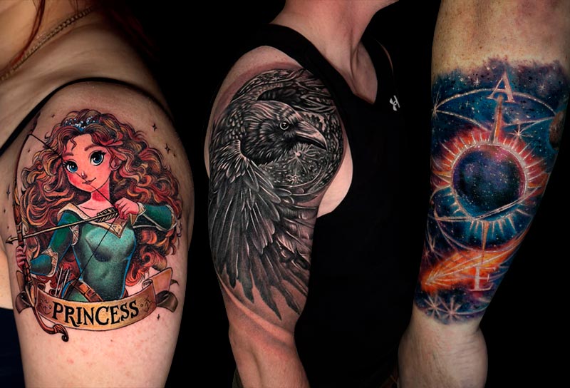 Custom color and black and grey tattoos at Alex Chiong Tattoo Studio in North Miami, featuring a princess-inspired color tattoo, detailed raven shoulder tattoo, and cosmic forearm tattoo.