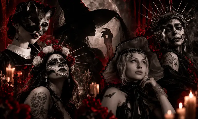 Halloween-themed tattoo models featuring gothic costumes, skull makeup, and small tattoos promoting $31 Halloween Flash Tattoos at Alex Chiong Tattoo Studio in North Miami.